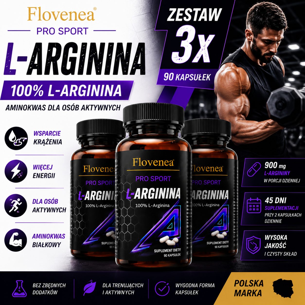 Trzy opakowania L-Argininy 100% z linii Pro Sport